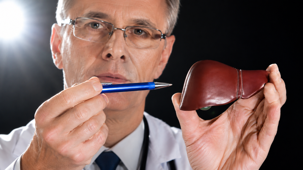 Doctor explaining liver cirrhosis symptoms, causes, and treatment options using a liver health model.