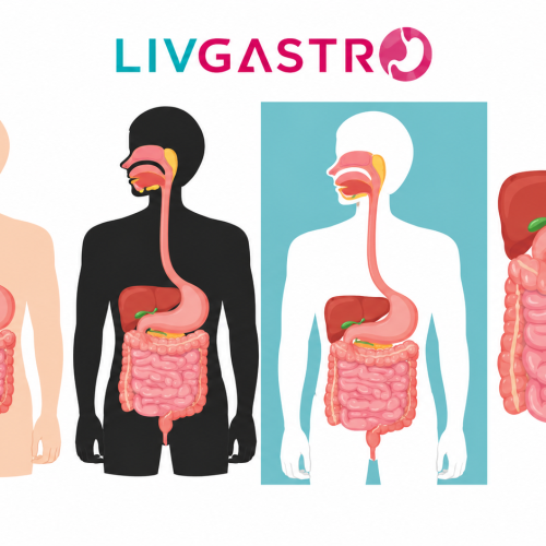 Healthy digestive system illustration with digestive organs, nutritious foods, and wellness concepts